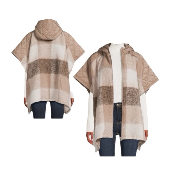 Time And Tru Plaid Stone Hooded Zipper Poncho Sweater - Picture 8 of 9